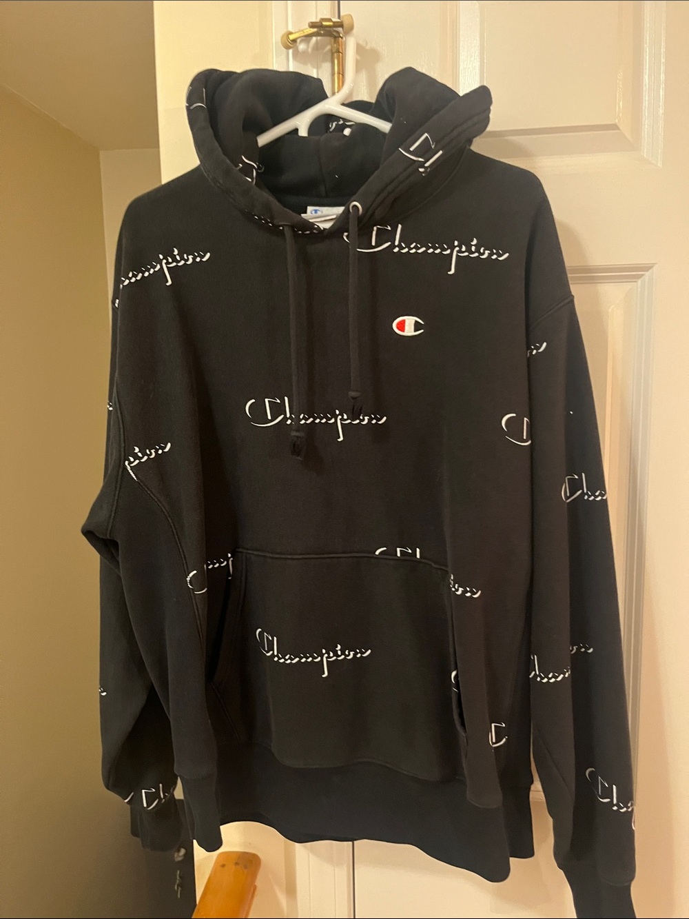 Champion Black Crewneck Hoodie with White Script Logos- runs small